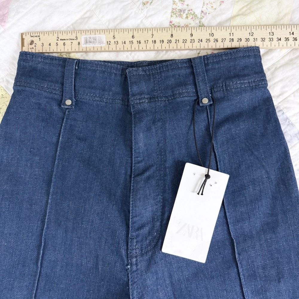 NEW Zara Womens High Waisted Wide Leg Jeans 2 Dark Indigo Front Seam Denim - Picture 10 of 12